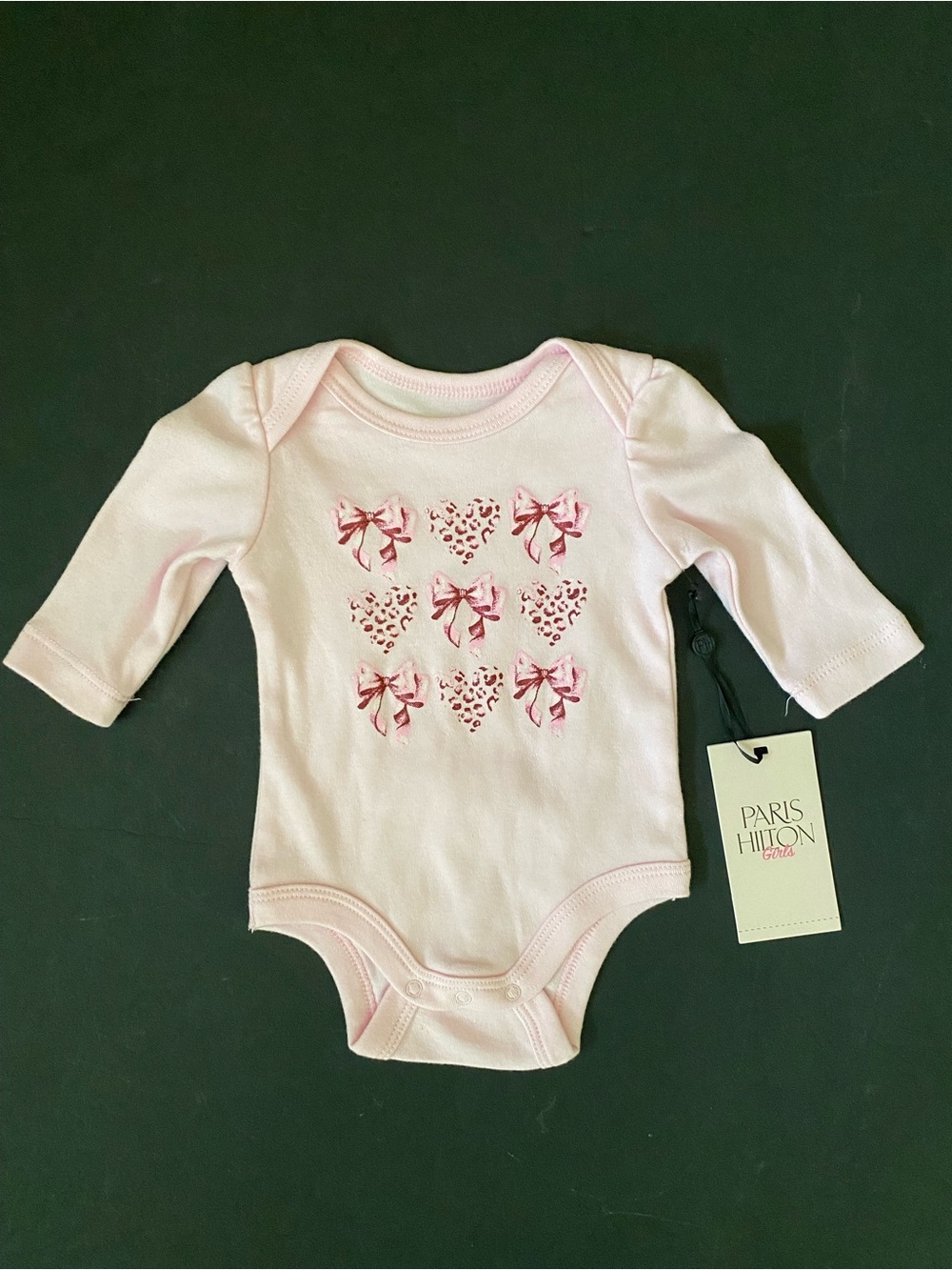 Paris Hilton Baby Pink Long Sleeve Bow & Heart One-Piece Girls Bodysuit